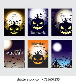 Vector Halloween greeting card, flyer, banner, poster templates. Hand drawn traditional symbols and lettering. Vector collection with pumpkins, house, moon. Perfect for party invitation.