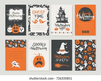 Vector Halloween greeting card, flyer, banner, poster templates. Hand drawn traditional symbols and handwritten lettering. Vector collection with pumpkins, ghost, moon. Perfect for party invitation.