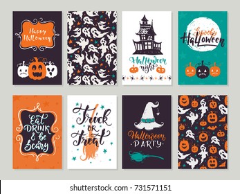 Vector Halloween greeting card, flyer, banner, poster templates. Hand drawn traditional symbols and handwritten lettering. Vector collection with pumpkins, ghost, moon. Perfect for party invitation.