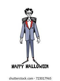Vector Halloween greeting card with hand drawn schoolboy-vampire. Skinny pale boy with schoolbag. Funny Halloween illustration, beautiful design elements.