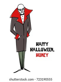 Vector Halloween greeting card with hand drawn vampire. Elegant, old-fashioned vampire standing with his hands in the pockets. Cute Halloween illustration, beautiful design elements.
