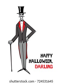 Vector Halloween greeting card with hand drawn vampire. Elegant, old-fashioned vampire leaning on a cane . Cute Halloween illustration, beautiful design elements.