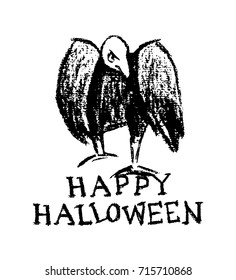 Vector Halloween Greeting Card. Vector Illustration Of Hand Drawn Creepy And Comic Vulture. Charcoal Drawing, Beautiful Halloween Design Elements.