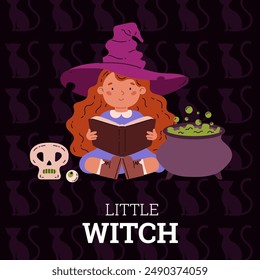 Vector Halloween greeting card with the image of a young witch who recites a spell next to a bubbling magic potion in a cauldron, a skull and an eye