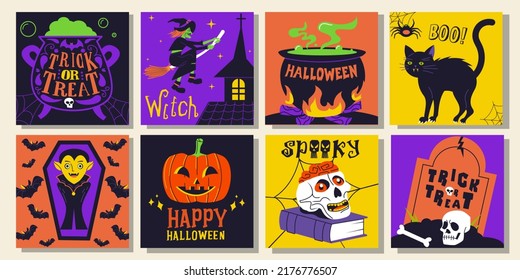 Vector Halloween greeting card. Postcards with pumpkin, vampires, witch and other elements.Great design for Halloween party, menu or invitation.