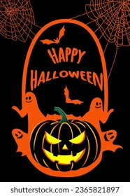 Vector Halloween greeting card with pumpkin and ghosts. A tombstone with the inscription Merry Christmas. Black and orange colors. Vector graphic EPS 10