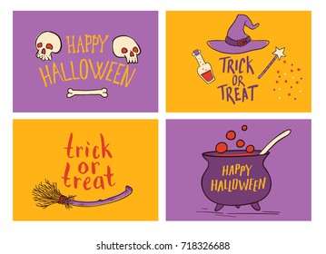 Vector Halloween greeting card set. Hand drawn traditional symbols and handwritten lettering. Vector invintations.
