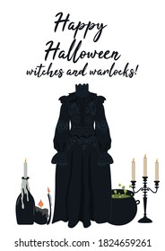 Vector Halloween Greeting Card With Spooky Gothic Victorian Black Dress, Candles, Witch Cauldron And Candelabra On White Background.