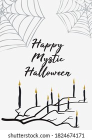 Vector Halloween greeting card with spooky tree branch and black candles and spider web on white background. 