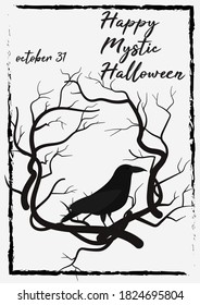 Vector Halloween greeting card with spooky twigs and black raven on white background. 