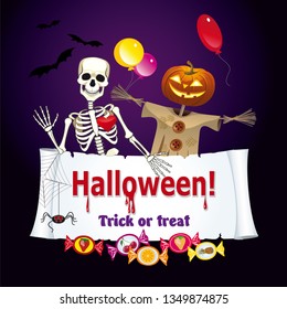 Vector Halloween greeting cards with cartoon skeleton, garden Scarecrow, spider and candy