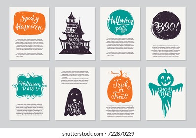 Vector Halloween greeting cards, flyer, banner, poster templates. Hand drawn traditional symbols, lettering and text. Vector collection with pumpkins, house, ghost, moon. Perfect for party invitation.