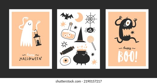 Vector Halloween greeting cards with handwritten text and traditional symbols.