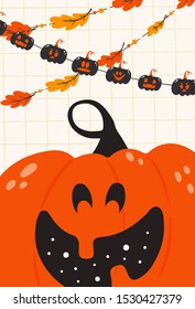 Vector Halloween greeting cards. Pumpkin composition for banner, poster, greeting card, party invitation.
