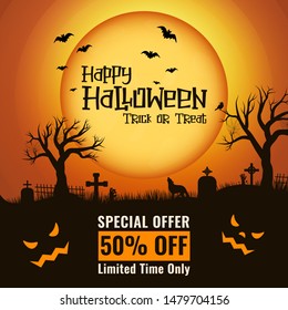 Vector Halloween greeting cards or sale banner with full moon gravestones and two trees on a graveyard and traditional symbols. Good for mobile and social media, poster, shopping ads, marketing.