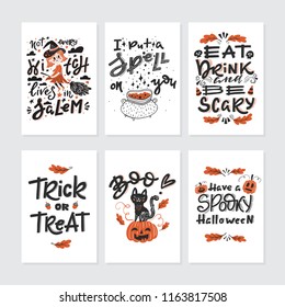 Vector Halloween greeting cards set with handwritten lettering and traditional symbols. Collection with pumpkins, cat, skulls, bats, witch, broom, candys. Perfect for party invitation.