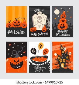 Vector Halloween greeting cards set with handwritten lettering and traditional symbols. Collection with pumpkins, skulls, moon, ghost, house, candys. Perfect for party invitation.