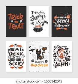 Vector Halloween greeting cards set with handwritten lettering and traditional symbols. Collection with pumpkins, cat, skulls, bats, witch, broom, candys. Perfect for party invitation.