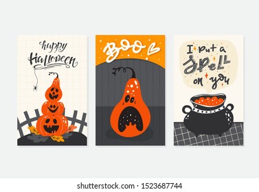 Vector Halloween greeting cards set with handwritten lettering and traditional symbols. Collection with pumpkins, foliage, scary face. Perfect for party invitation.