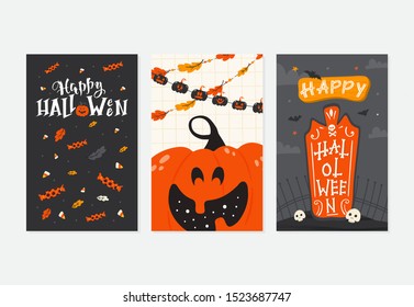 Vector Halloween greeting cards set with handwritten lettering and traditional symbols. Collection with pumpkin, grave, sculls, candys. Perfect for party invitation.