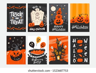 Vector Halloween greeting cards set with handwritten lettering and traditional symbols. Collection with pumpkins, skulls, moon, ghost, house, candys. Perfect for party invitation.