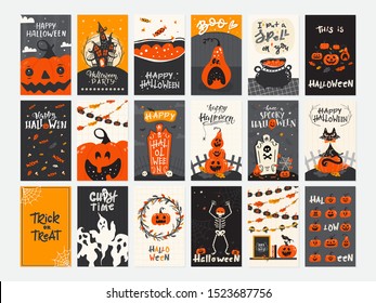 Vector Halloween greeting cards set with handwritten lettering and traditional symbols. Collection with pumpkin, couldron, moon, ghost, house, candys. Perfect for party Halloween invitation.