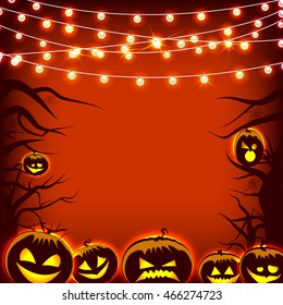 Vector Halloween greeting pumpkin card cute positive emotional holiday icons pumpkin and trees orange background night Halloween. Lights and garland. Festival mood, smile, laughter, anger pumpkin face
