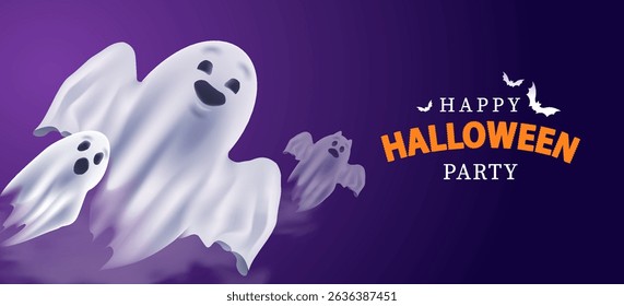 Vector Halloween greetings. Halloween Greeting Card with Ghost Characters on Purple Background Vector Illustration, horror greeting
