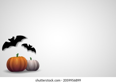 Vector. Halloween grey background with bats, pumpkins, holiday decorations. Halloween party invitation card mockup. Happy Halloween banner design. Flat lay, copy space.