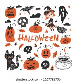 Vector Halloween  hand drawn set of  traditional symbols.  Collection with pumpkins, ghost, cat, skulls, bats, broom, cauldron, leaves, candys. Perfect for party invitation. 