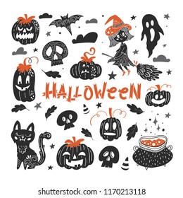 Vector Halloween  hand drawn set of  traditional symbols.  Collection with pumpkins, ghost, cat, skulls, bats, broom, cauldron, leaves, candys. Perfect for party invitation. 