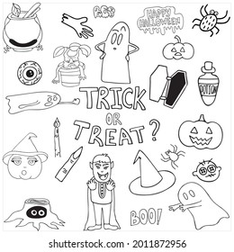Vector halloween hand drawn set on white background. Doodle illustration for seasonal design, card, decoration, print and other