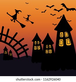 Vector Halloween has a bat flock flying out of a haunted house and a witch in the orange sky.