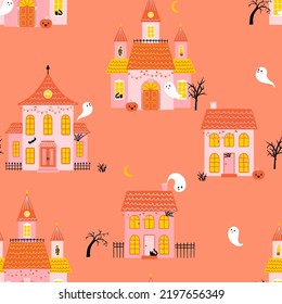 Vector Halloween Haunted Houses Seamless Pattern