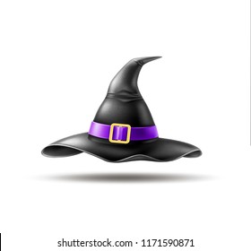 Vector halloween holiday element - realistic witch pointed hat with buckle, purple belt on isolated background. Autumn traditional trick or treat spooky event, scary and magic design