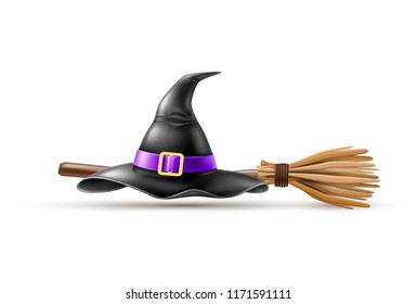 Vector halloween holiday elements - realistic witch pointed hat, broom on isolated background. Autumn traditional trick or treat spooky event, scary and magic design