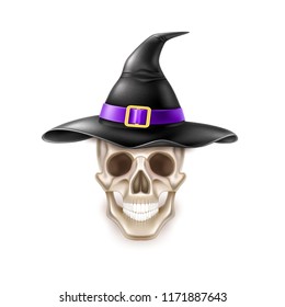 Vector halloween holiday elements - realistic skull in witch pointed hat on isolated background. Autumn traditional trick or treat spooky event, scary and magic design