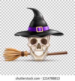 Vector halloween holiday elements - realistic skull in witch pointed hat, broom on transparent background. Autumn traditional trick or treat spooky event, scary and magic design