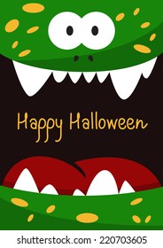 Vector Halloween holiday gift card template. Background with green smiling monster. Design concept for banner, flyer, poster design.
