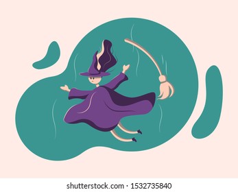 Vector halloween holiday illustration. Witch with a broom. 
