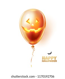 Vector halloween holiday scary air balloon with spooky jack o lanterns face. Orange realistic balloon with happy halloween inscription near bat silhouette. Traditional trick or treat event decoration