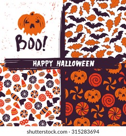 Vector Halloween holiday seamless pattern set with "Boo!" poster
