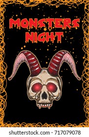 Vector of Halloween holidays card with vampire monster concept. Hand drawn greeting card invitation with handwritten calligraphy typography. Vampire party.