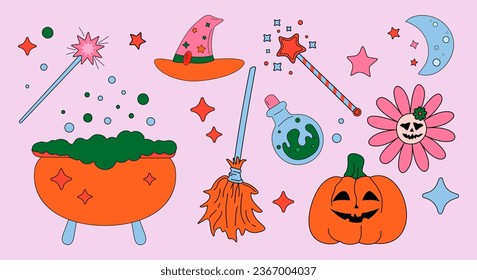 Vector. Halloween Holiday.Witchcraft.Magic.Pumpkin,Hat,Broom,Daisy with a scary face,witch,potion,magic wand.Hand drawn pattern.Doodle.October.Scary.Creepy.Darkness.Symbol.Autumn.Night.Season. EPS 10