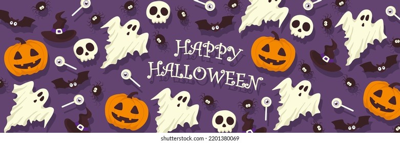 Vector Halloween horizontal banner with candy,ghost,bat,skull,Halloween pumpkin,witch hat,lettering.Use for event invitation,discount voucher,advertising,greeting card,logo,packaging,textile,web.