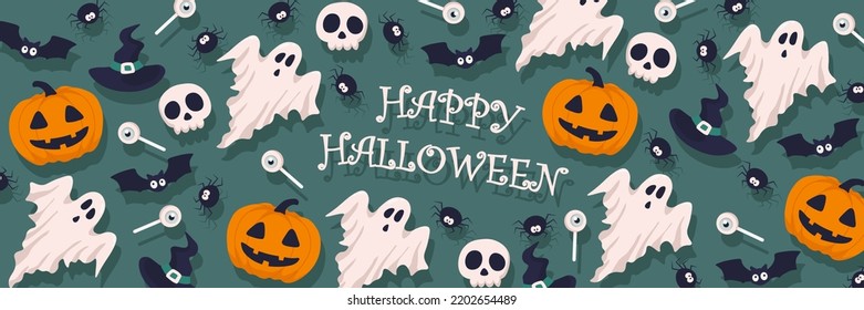 Vector Halloween horizontal banner with candy,ghost,bat,skull,Halloween pumpkin,witch hat,lettering.Use for event invitation,discount voucher,advertising,greeting card,logo,packaging,textile,web.