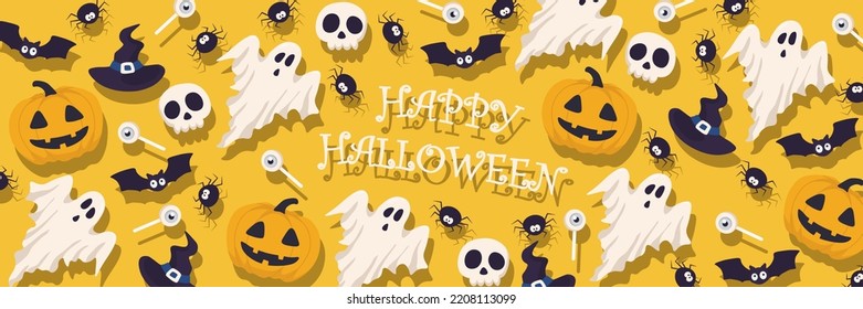 Vector Halloween horizontal banner with candy,ghost,bat,skull,Halloween pumpkin,witch hat,lettering.Use for event invitation,discount voucher,advertising,greeting card,logo,packaging,textile,web.