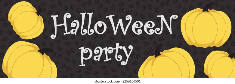 Vector Halloween horizontal banner with Halloween pumpkin,spider,lettering.Use for event invitation,discount voucher,advertising,greeting card,logo,packaging,textile,web.