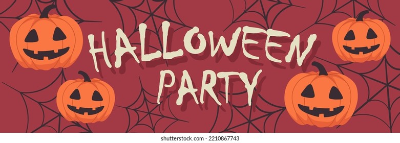 Vector Halloween horizontal banner with Halloween pumpkin,web,lettering.Use for event invitation,discount voucher,advertising,greeting card,logo,packaging,textile,web