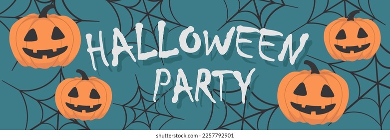 Vector Halloween horizontal banner with Halloween pumpkin,web,lettering.Use for event invitation,discount voucher,advertising,greeting card,logo,packaging,textile,web